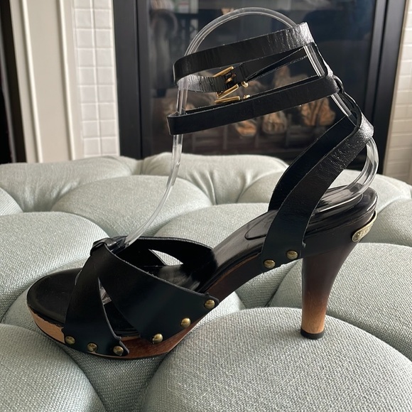 7 For All Mankind Black Leather Sandals with Wooden Ombré Heels - Picture 8 of 16